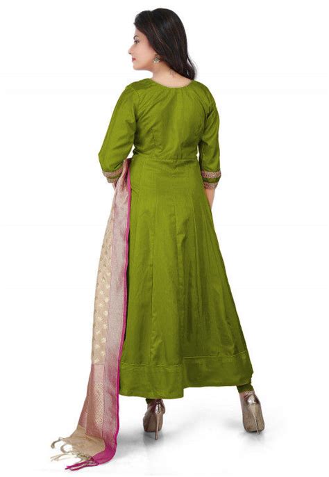 Banarasi Silk Anarkali Suit In Light Olive Green Kux273