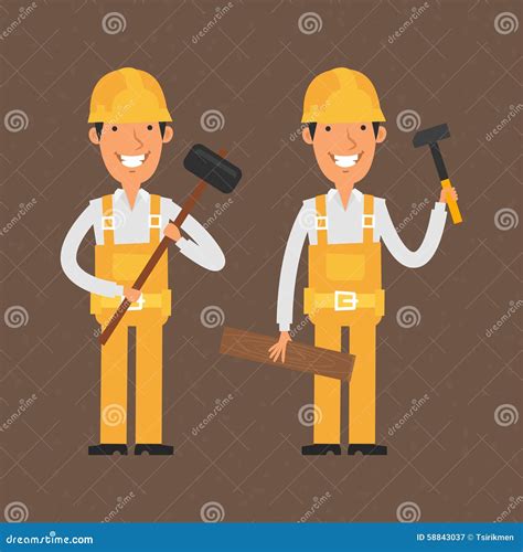 Two Builders Holding Hammer And Smiling Stock Vector Illustration Of