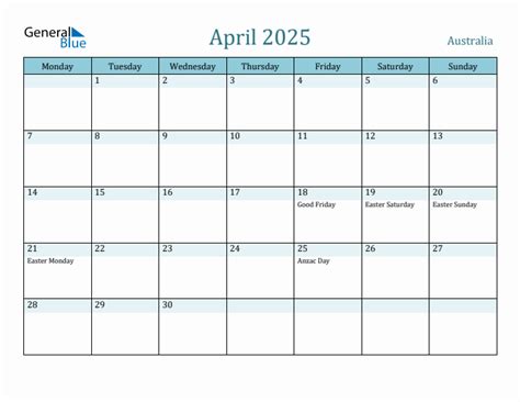 Australia Holiday Calendar For April 2025