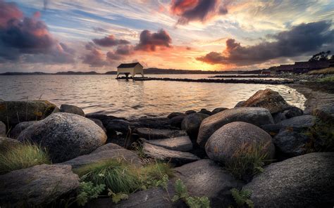 Download Wallpapers Sunset Lake Coast Stones Water Norway For