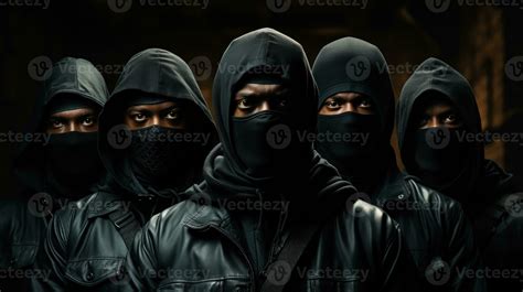Group of black mafia people gang members wearing balaclava and looking