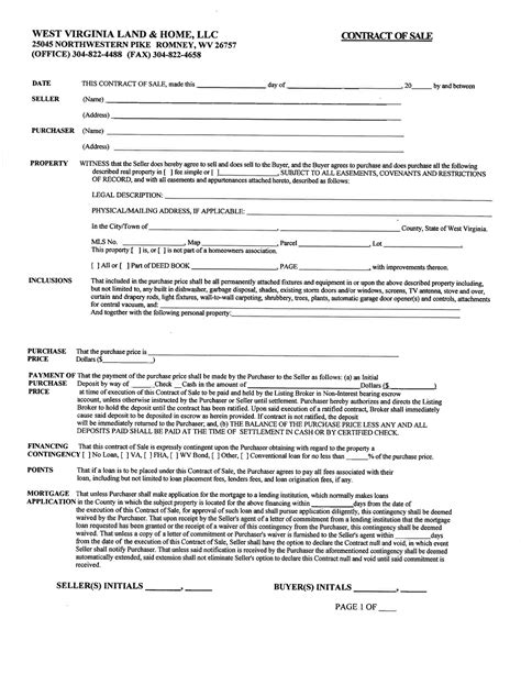 Free West Virginia Land Contract Template Pdf Word Eforms
