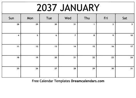 January 2037 Calendar Free Printable With Holidays And Observances