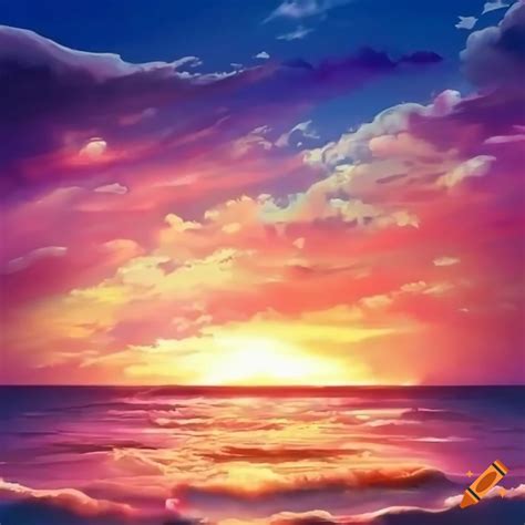 Anime Beach Background With Sunset And Fluffy Clouds On Craiyon