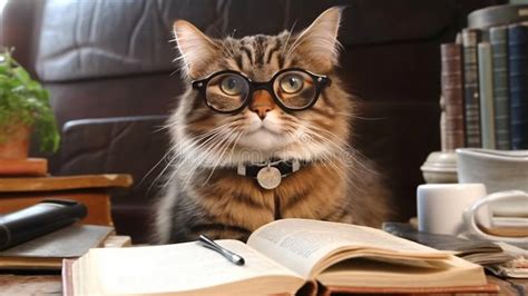Smart Cute Fluffy Cat In Glasses Is Reading A Book Book Lover Day