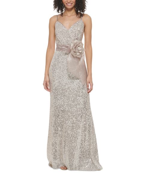 Eliza J Organza Flower Sequin Gown In Silver Modesens