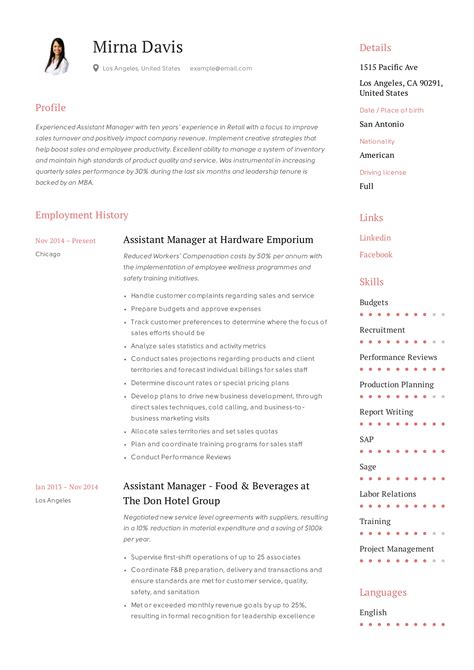Before you write your objective statement, go back to the job post. Assistant Manager Resume & Writing Guide | 12 Samples ...