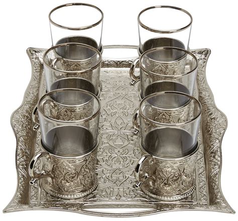 Buy Turkish Tea Set For 6 Glasses With Brass Holders Tray Spoons