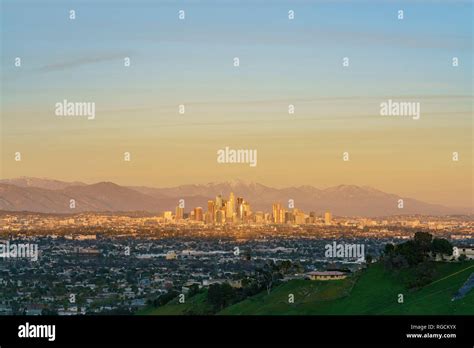 Sunset Aerial View Of The Beautiful Los Angeles Downtown Cityscape With