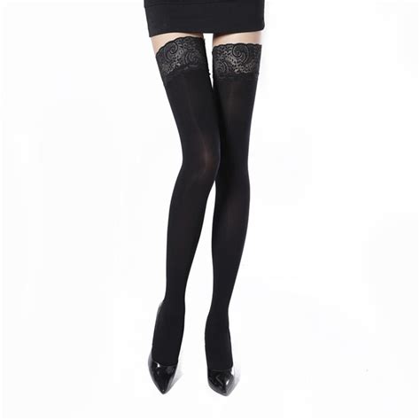 Black Lace Floral Top Stay Up Silicone Over Knee Thigh High Stockings Sexy Nylon Hosiery