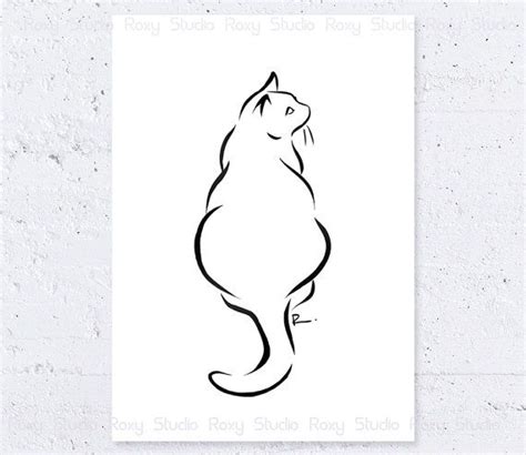 236x305 fat cat clipart black and white. Cat Art Print Siting Cat Minimalist Line Drawing by ...