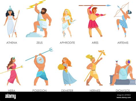 Ancient Greek Pantheon Gods And Goddesses Flat Vector Illustrations Set Titans And Heroes