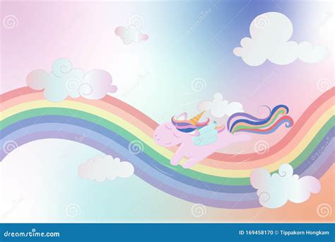 Unicorn In Magical Landscape Rainbow On Pastel Sky Stock Vector