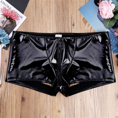 Uk Mens Sexy Metallic Underwear Faux Leather Open Butt Boxer Briefs