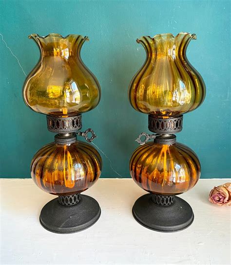 Vintage Oil Lamp With Amber Glass Hurricane Lamp Shade Etsy