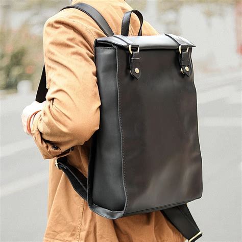 Cool Black Leather Mens Travel Backpack Work Handbag 14 Inches Work Ba