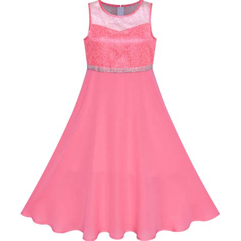 Girls Dress Coral Rhinestone Chiffon Bridesmaid Dance Maxi Gown Sunny