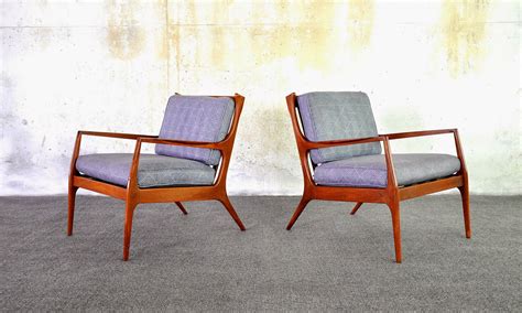 Solid walnut frame with sled base and lattice back, cushions in amazing vintage gold tweed. SELECT MODERN: Pair of Ib Kofod Larsen for Selig Style ...