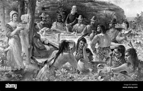 The First Thanksgiving December 13 1621 Pilgrims Sharing Harvest Meal