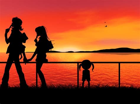 Wallpaper Sunlight Sunset Anime Girls Sky Silhouette Sunrise