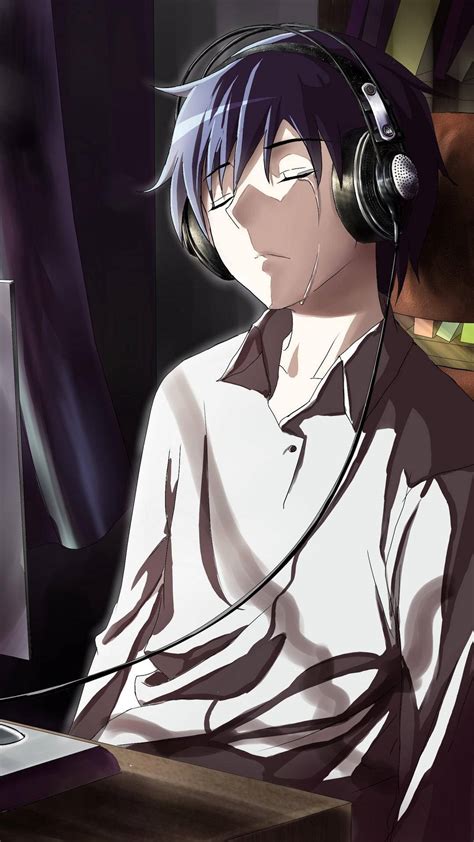 Download Sad Anime Boy With Headphones Wallpaper