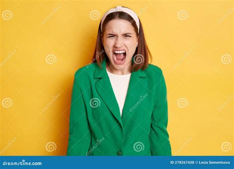 Despair Angry Woman Wearing Green Jacket Posing Isolated Over Yellow