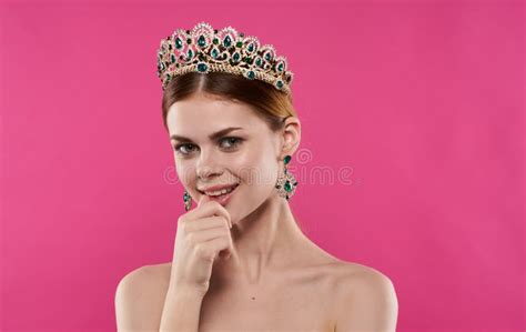 Charming Lady With A Crown On Her Head Naked Shoulders Earrings Make Up Model Stock Photo