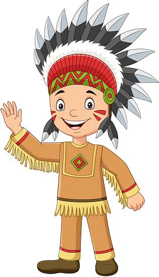 Ilustración De Dibujos Animados Niño Indio Indio Americano Saludando Y