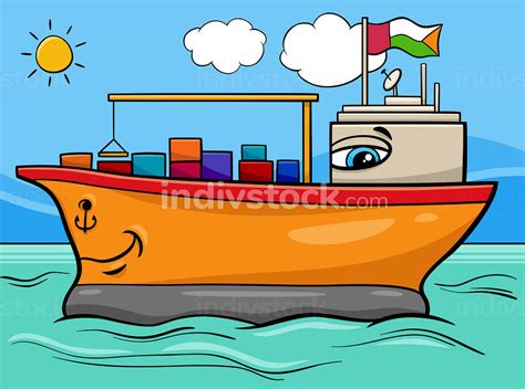 Cartoon Illustration Of Funny Container Ship Comic Character On The Sea