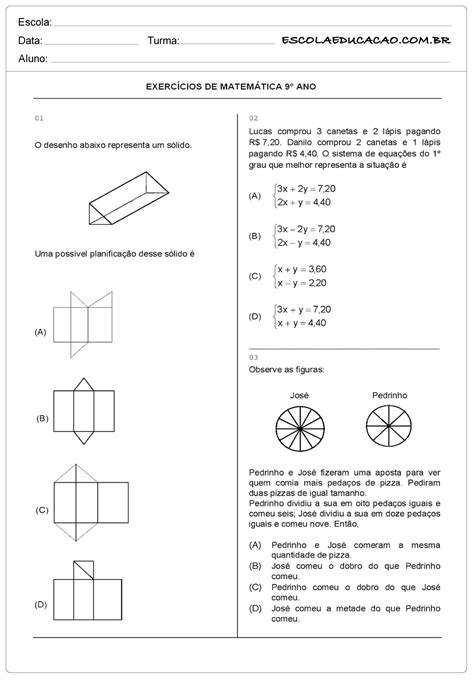 Exercícios De Matemática 9 Ano Com Respostas