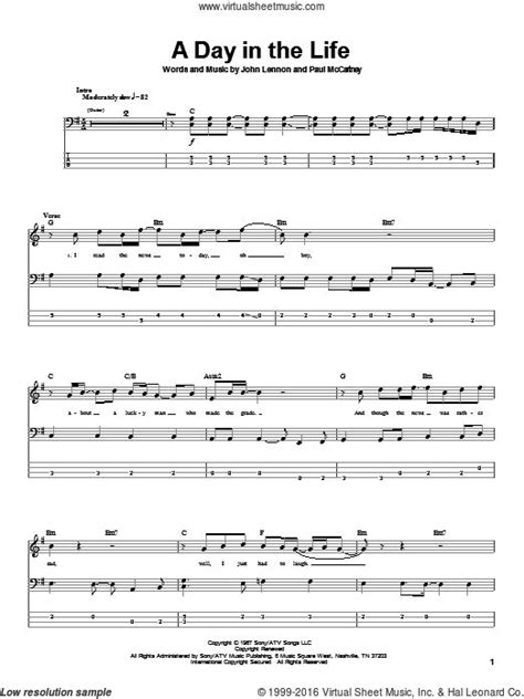 Beatles A Day In The Life Sheet Music For Bass Tablature Bass