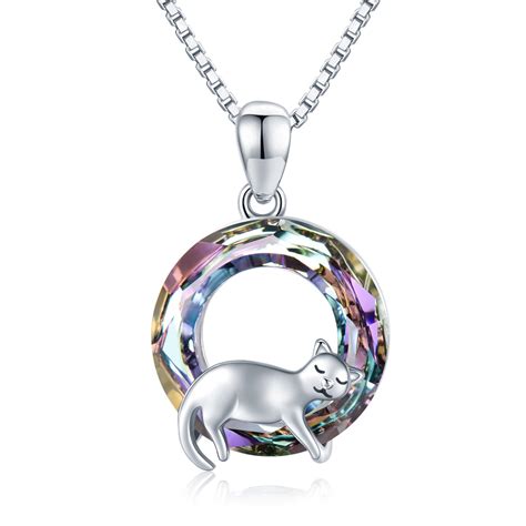 Coachuhhar Cat Crystal Necklace 925 Sterling Silver Cute Animal Pendant