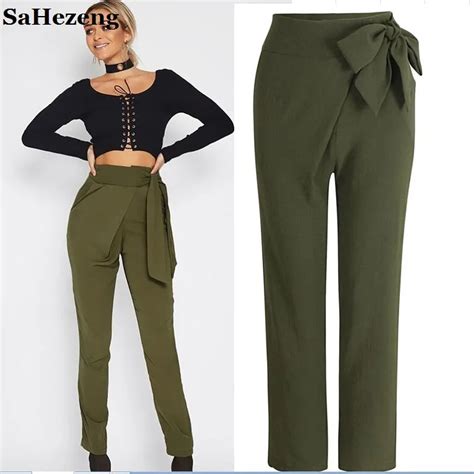 Sahezeng Elegant Bow Ladies Pants 2017 Fashion Green Bodycon Long Trousers High Waist Women
