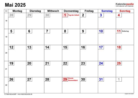 Kalender Mai 2025 Als Excel Vorlagen