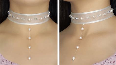 How To Make Princess Style Ribbon Choker Necklace With Crystals And Floating Pearls Youtube