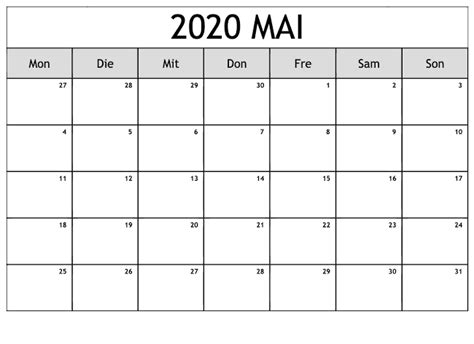 Kalender Mai 2020 Mit Feiertagen Frei