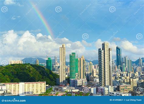 Hong Kong Skyline With Rainbow Editorial Photo Image Of City Chinese