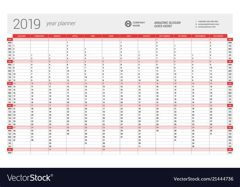 Yearly Wall Calendar Planner Template For 2019 Vector Image