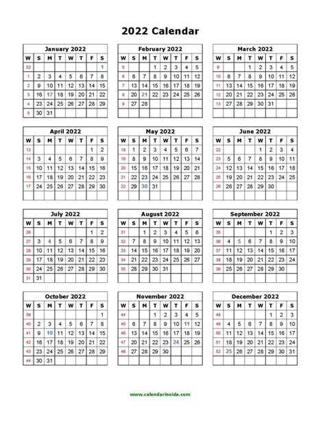 Printable Daily Calendar 2022 Free