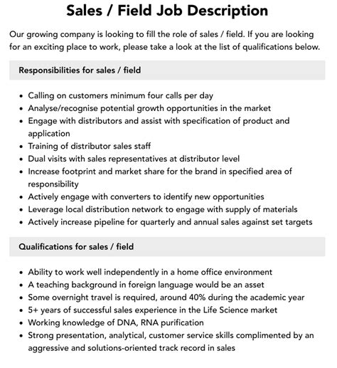 Sales Field Job Description Velvet Jobs