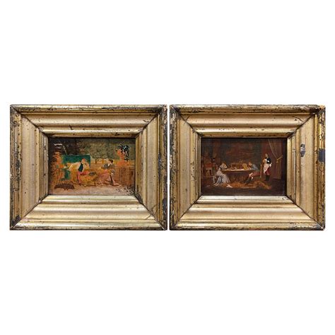 Pair Of 19th Century French Signed Oil On Board Paintings In Carved