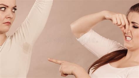 Woman Having Wet Armpit Her Friend Smelling Stink Stock Image Image