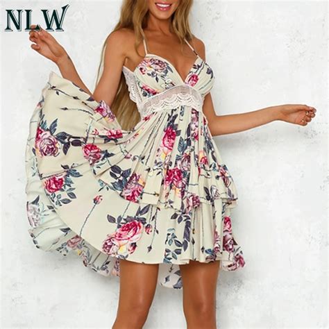 Nlw Women Summer Beach Party Halter Dress 2018 Girl Cute Sexy Floral Print V Neck Lace Crochet