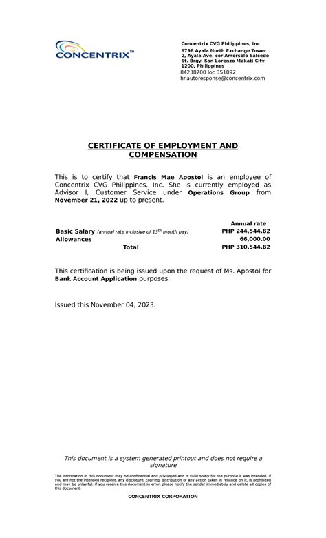 Certificateof Employment Concentrix Cvg Philippines Inc 6798 Ayala
