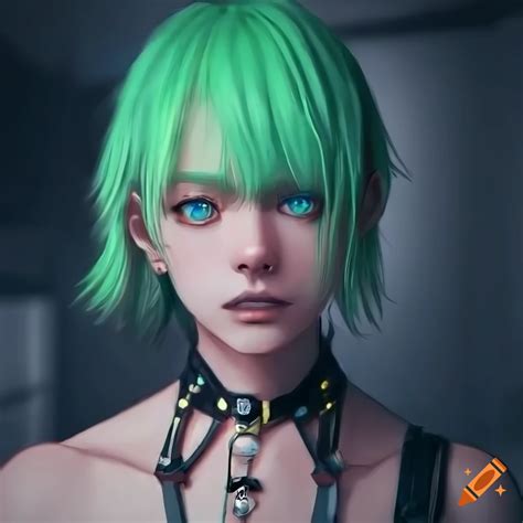 Green Haired Androgynous Anime Character Portrait With Blue Eyes