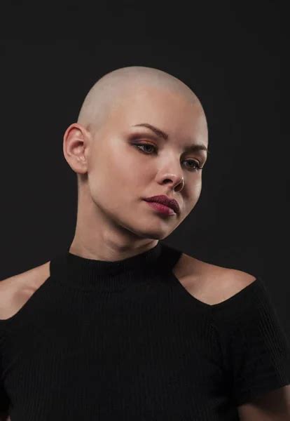 Emotional Portrait Of A Naked Girl Shaved Bald Stock Photo