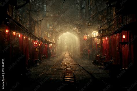 Mystical Empty Red Lights Street In Spooky Ancient Town 3d Art