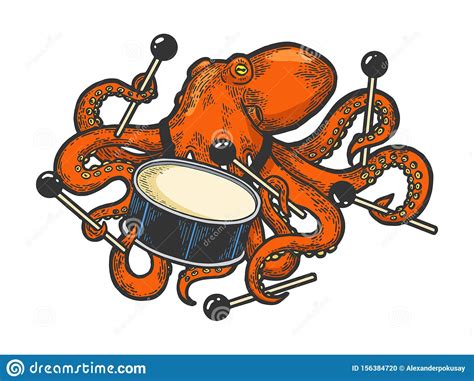 Octopus Playing Drum Color Sketch Vector Stock Vector