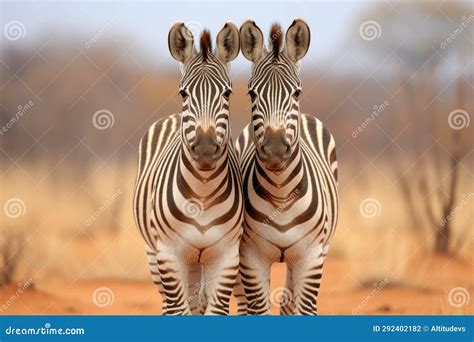 Pair Of Zebras Standing Side By Side Their Stripes Merging Stock