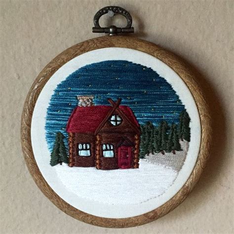Hand Embroidered Winter Scene Cabin In The Woods Embroidery Art In